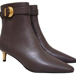 NWT Donna Karan Brown Leather Heeled Boots with Gold Accent